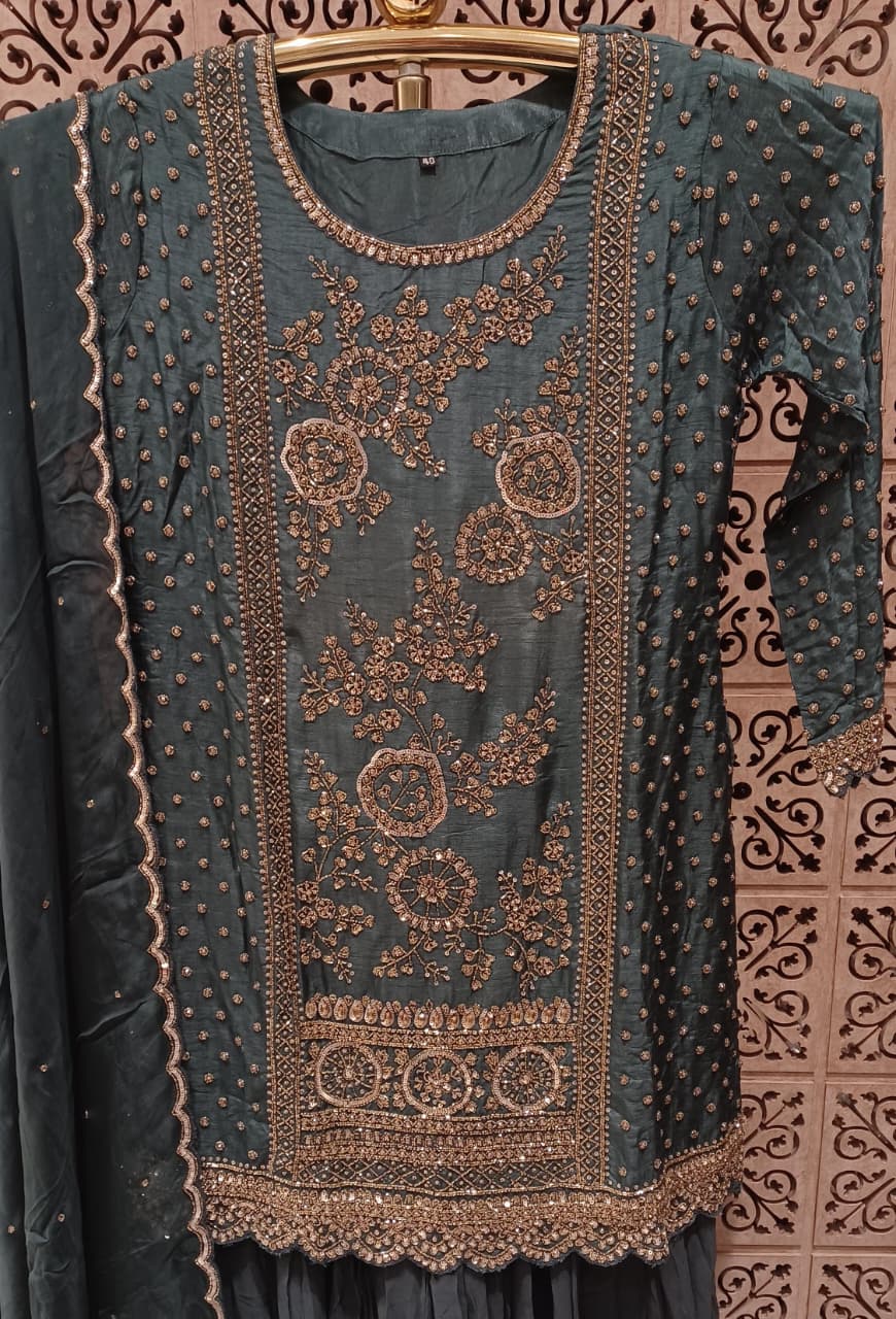 Charcoal Gray Embroidered Georgette Sharara Suit