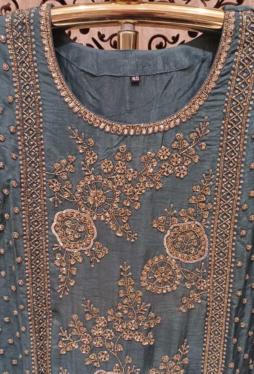 Charcoal Gray Embroidered Georgette Sharara Suit