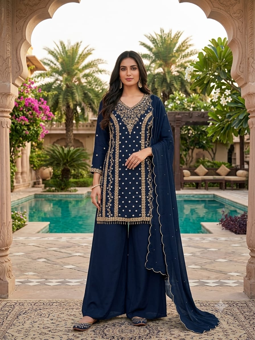 Midnight Navy Blue Embroidered Georgette  Palazzzo Suit.