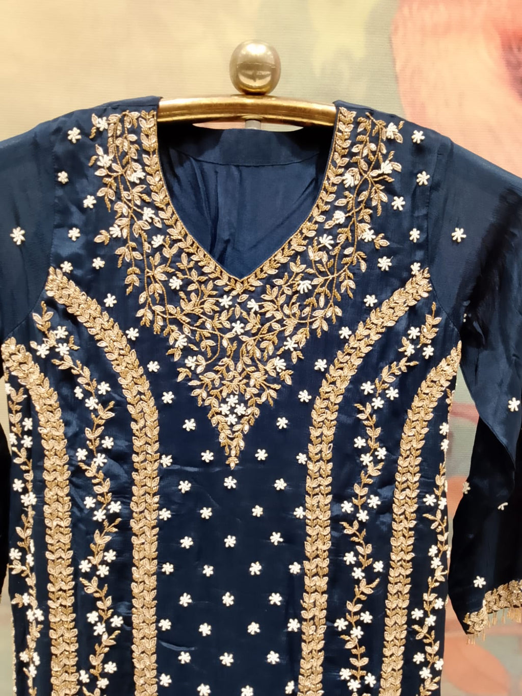 Midnight Navy Blue Embroidered Georgette  Palazzzo Suit.
