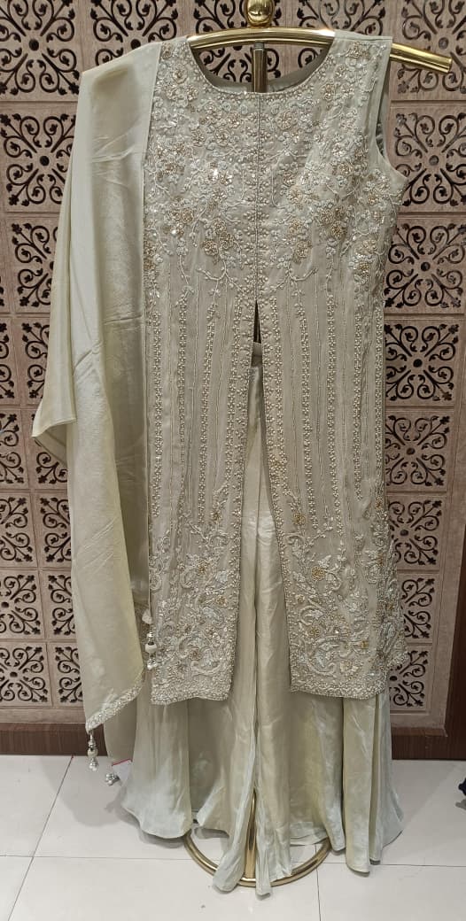 Ivory Gold Sequined Front-Slit Sharara Suit Set