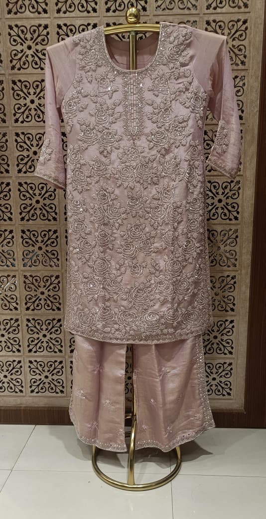 Blush Pink Heavily Embroidered Kurta & Palazzo Suit Set