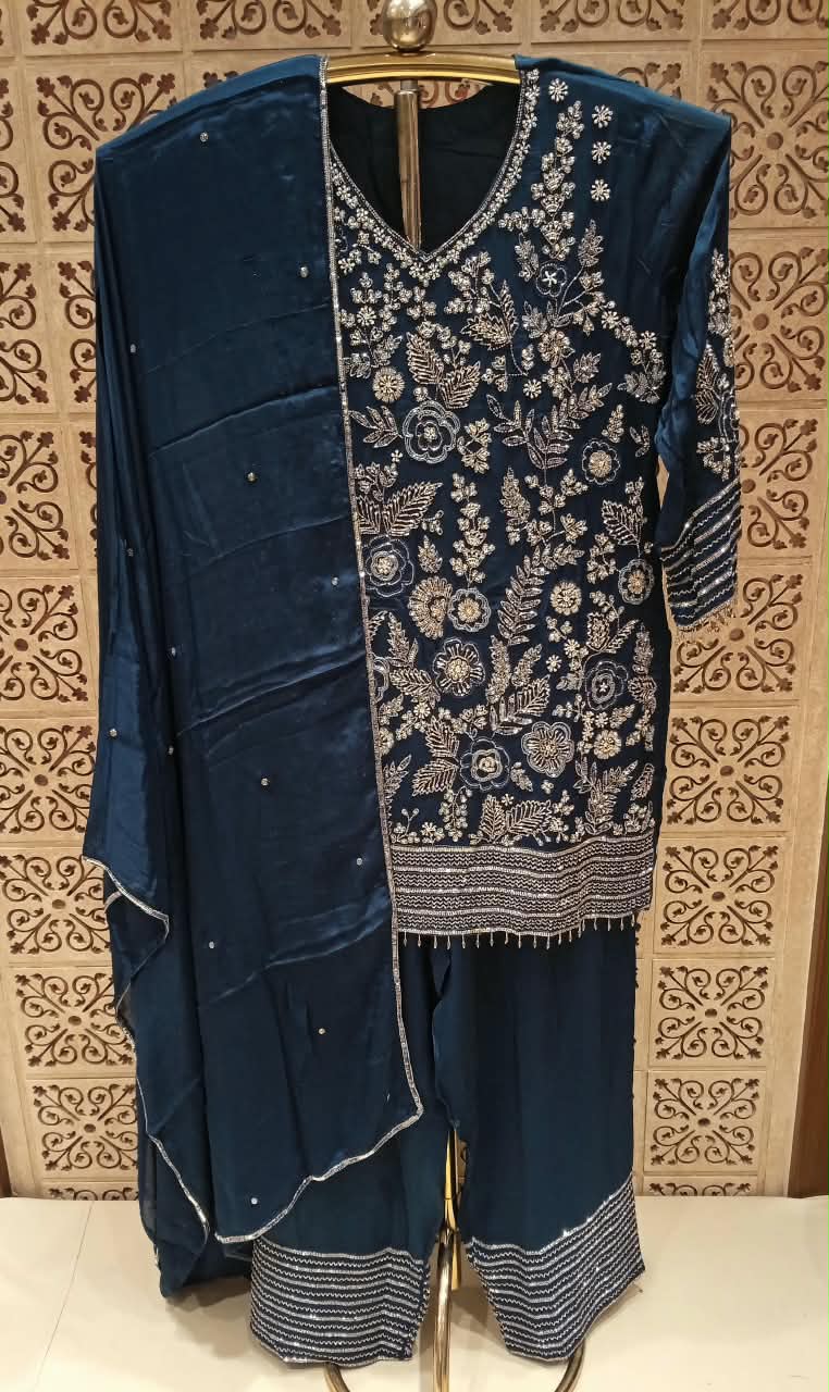 Midnight Navy Blue Embroidered Straight Kurta & Pants Set