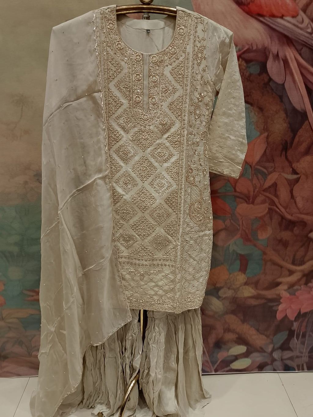 Ivory Cream Embroidered Georgette Gharara Suit Set