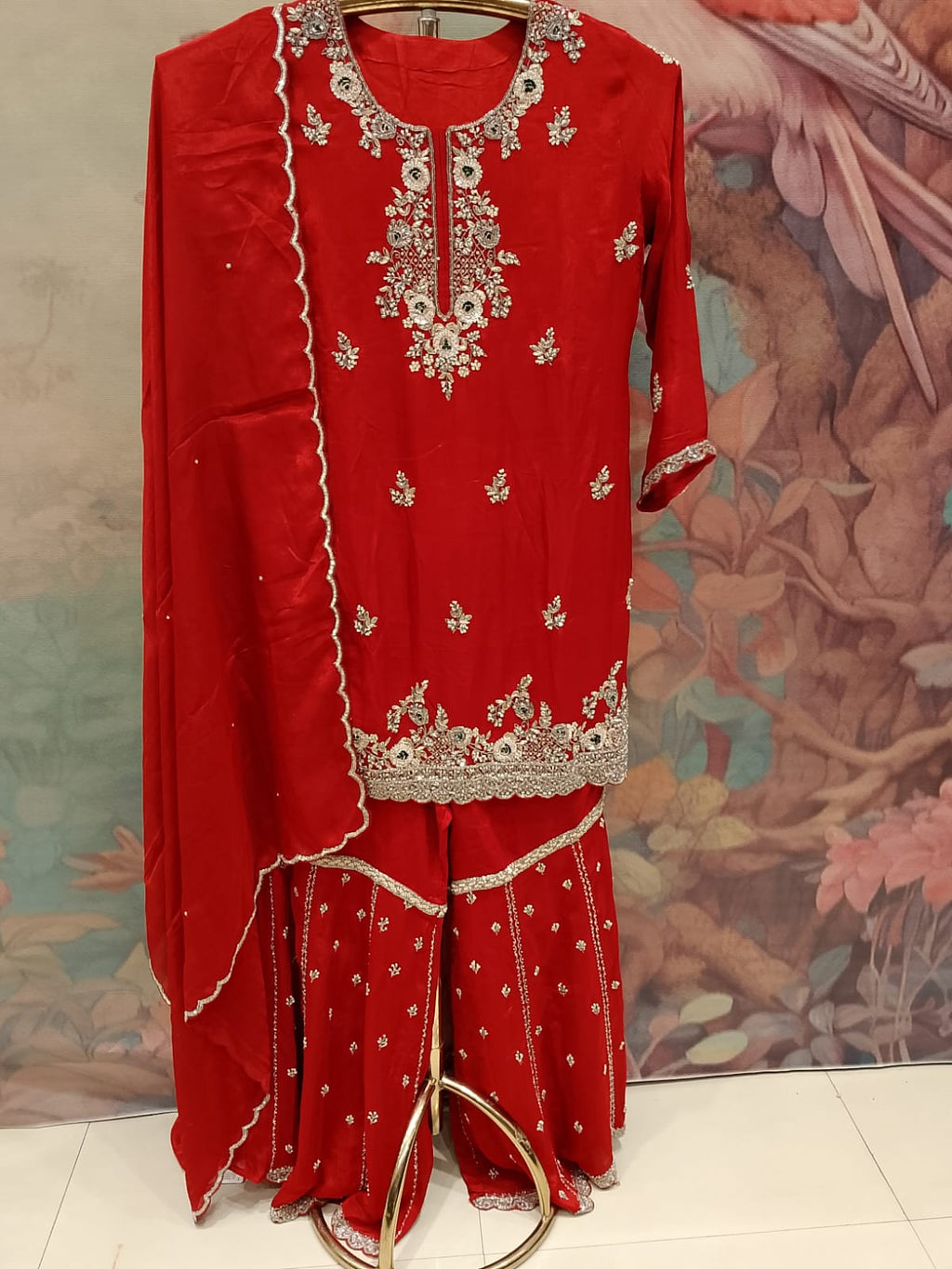 Crimson Red Embroidered Georgette Gharara Suit Set