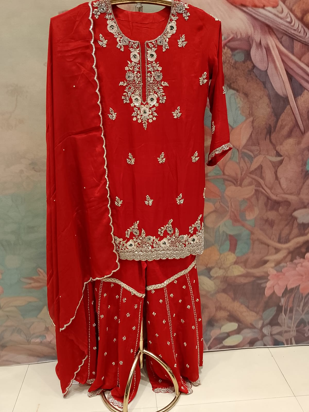 Crimson Red Embroidered Georgette Gharara Suit Set