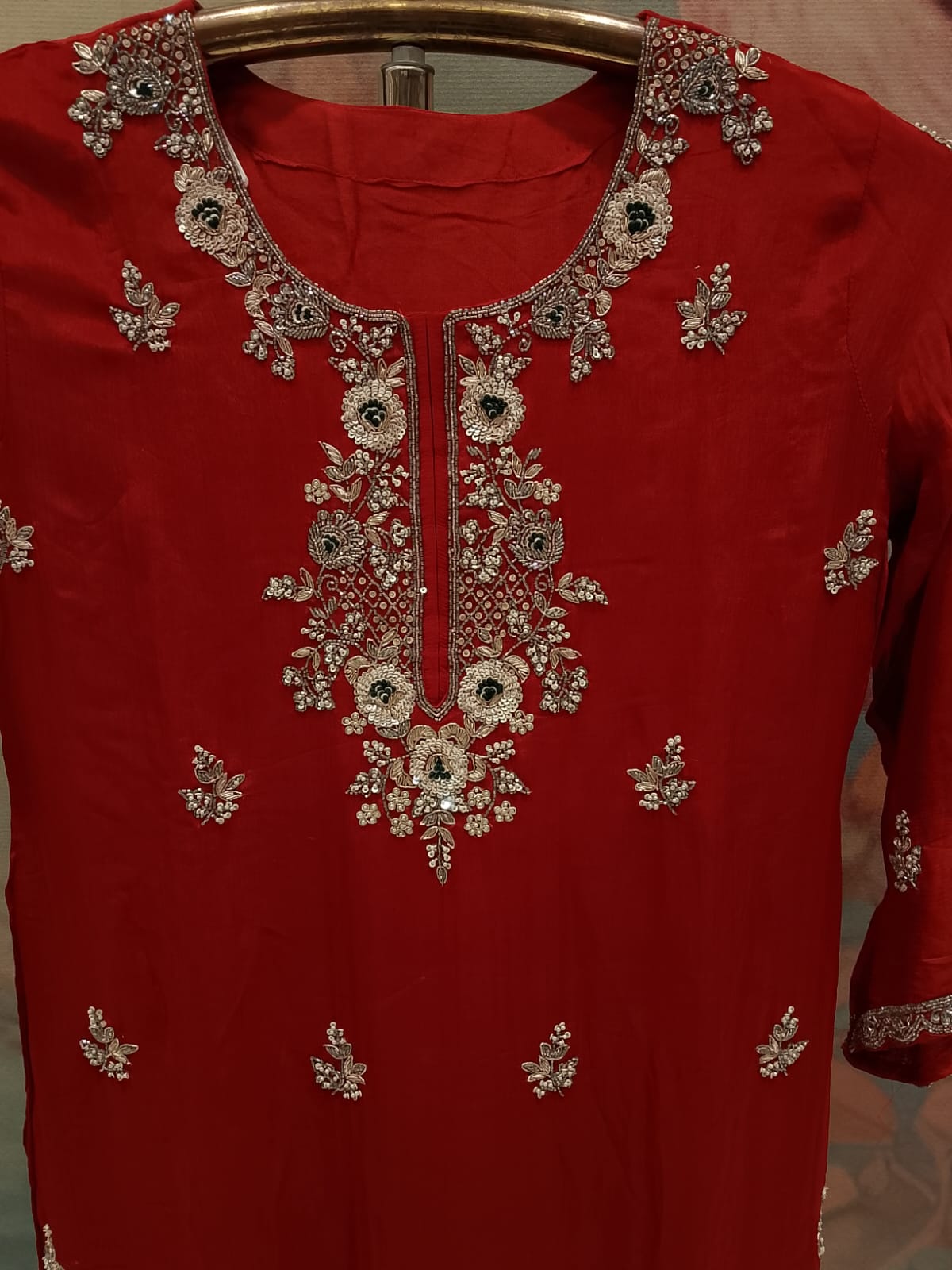 Crimson Red Embroidered Georgette Gharara Suit Set