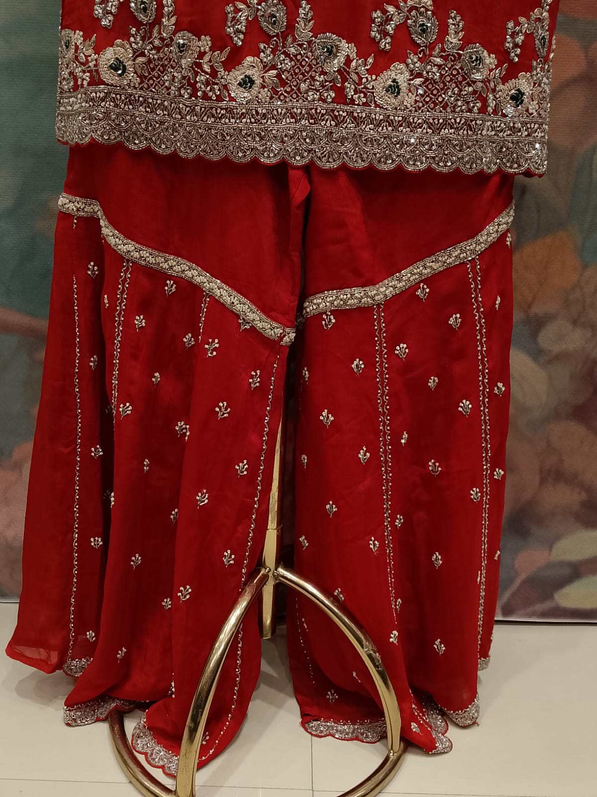 Crimson Red Embroidered Georgette Gharara Suit Set