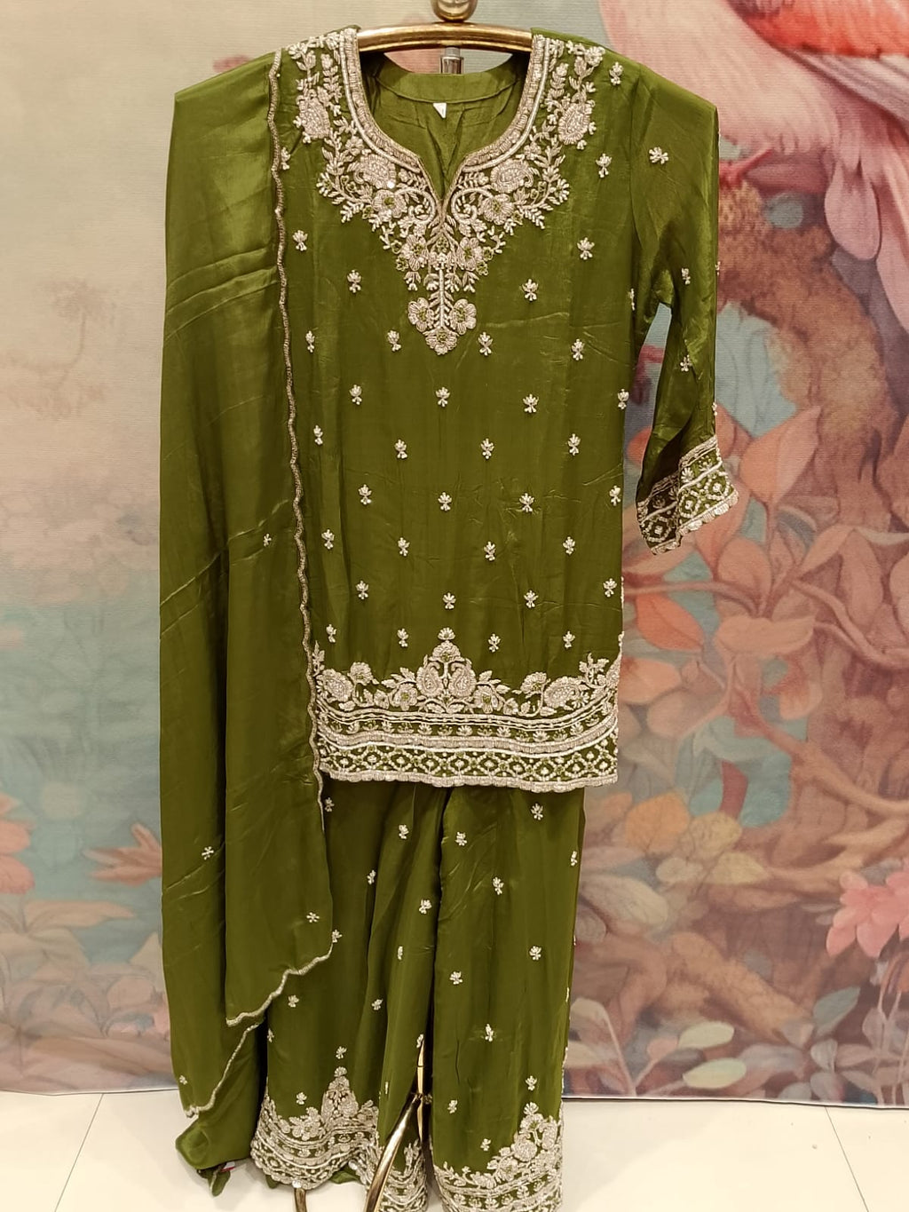 Olive Green Embroidered Georgette Gharara Suit Set