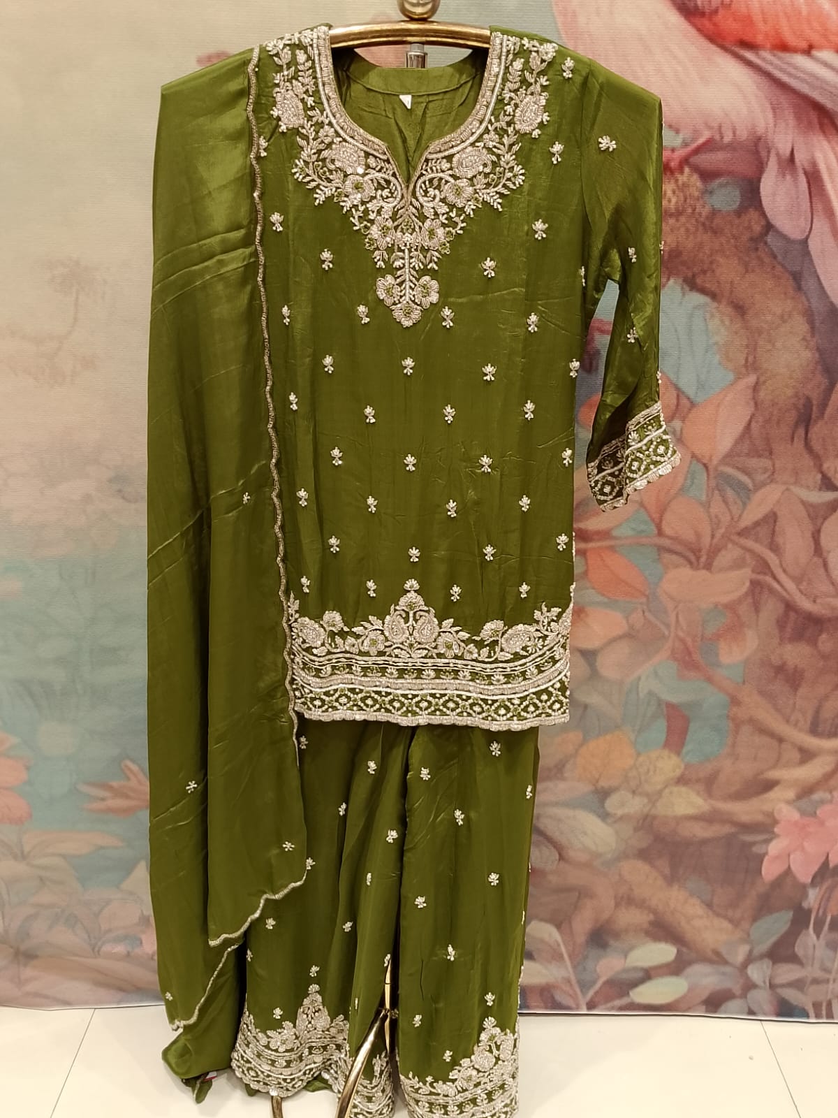 Olive Green Embroidered Georgette Gharara Suit Set
