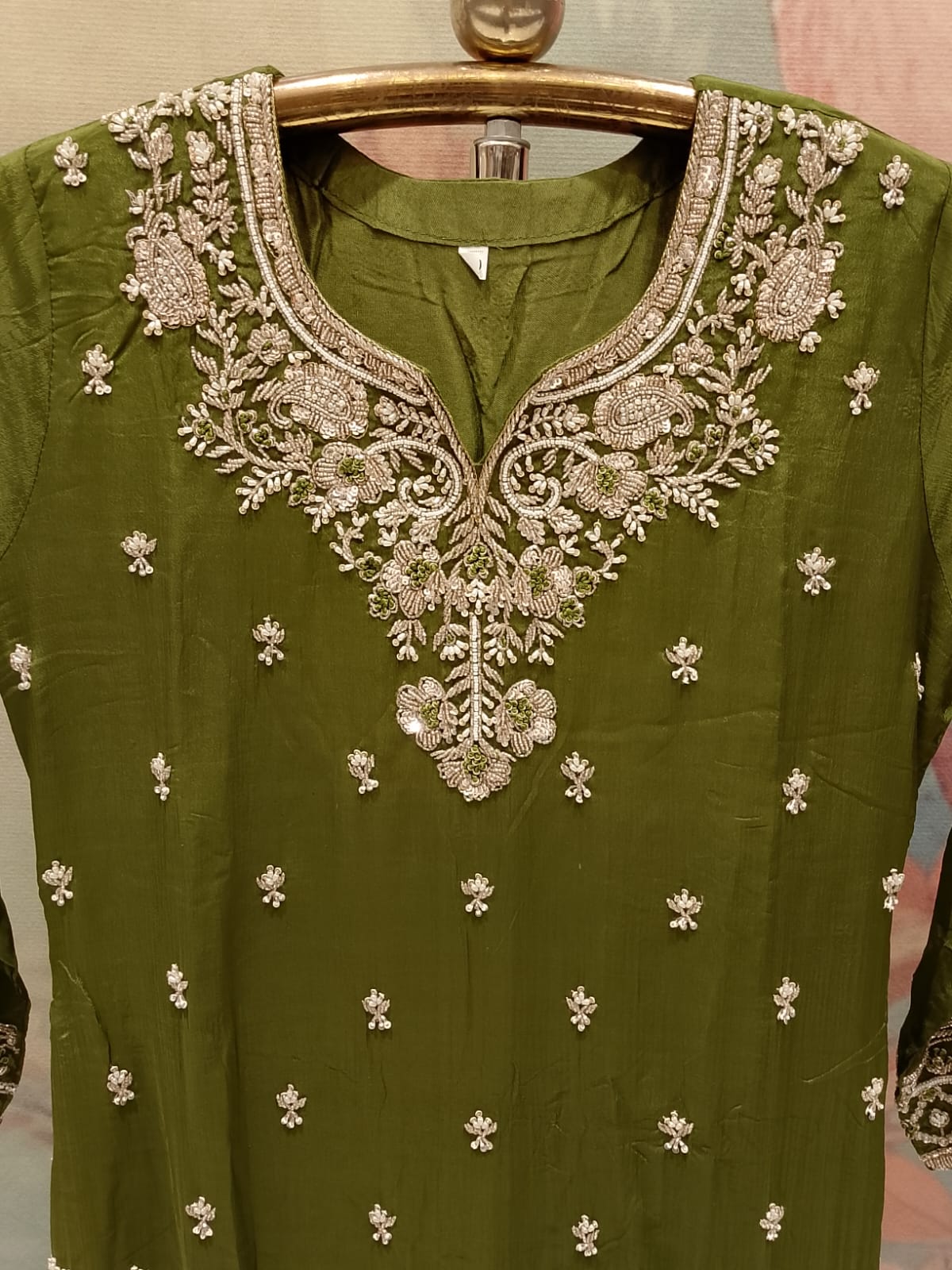 Olive Green Embroidered Georgette Gharara Suit Set