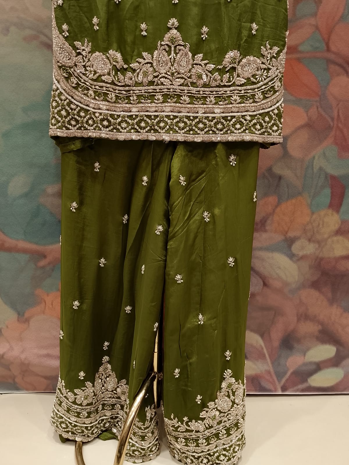 Olive Green Embroidered Georgette Gharara Suit Set