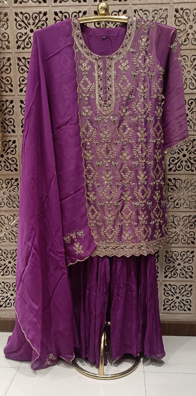 Magenta Purple Heavily Embroidered Palazzo Suit Set.