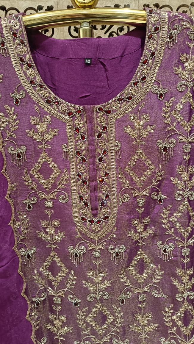 Magenta Purple Heavily Embroidered Palazzo Suit Set.