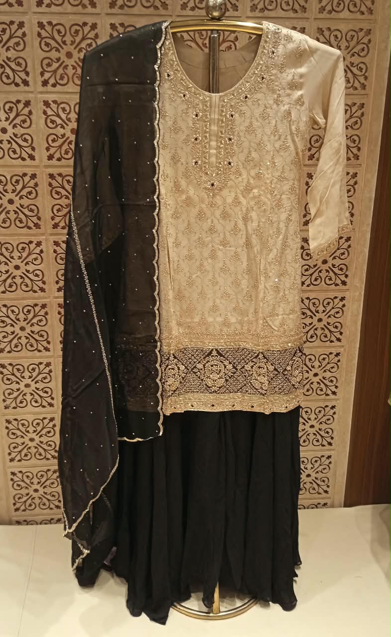 Ivory & Jet Black Contrast Heavily Embroidered Sharara Suit Set