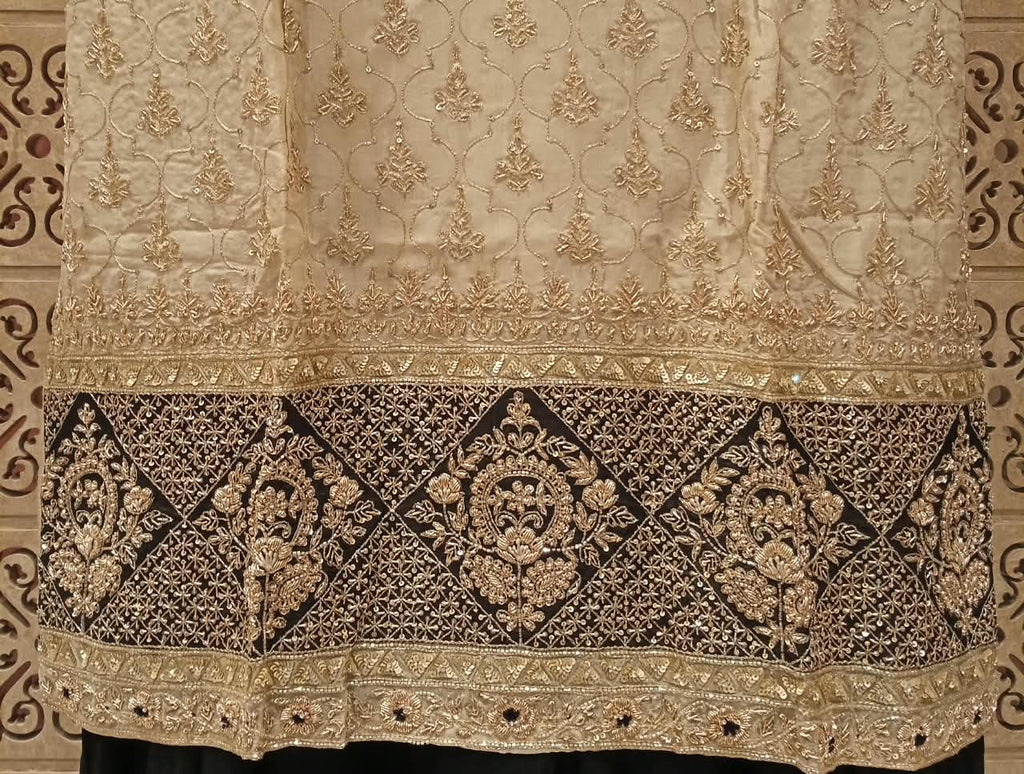 Ivory & Jet Black Contrast Heavily Embroidered Sharara Suit Set