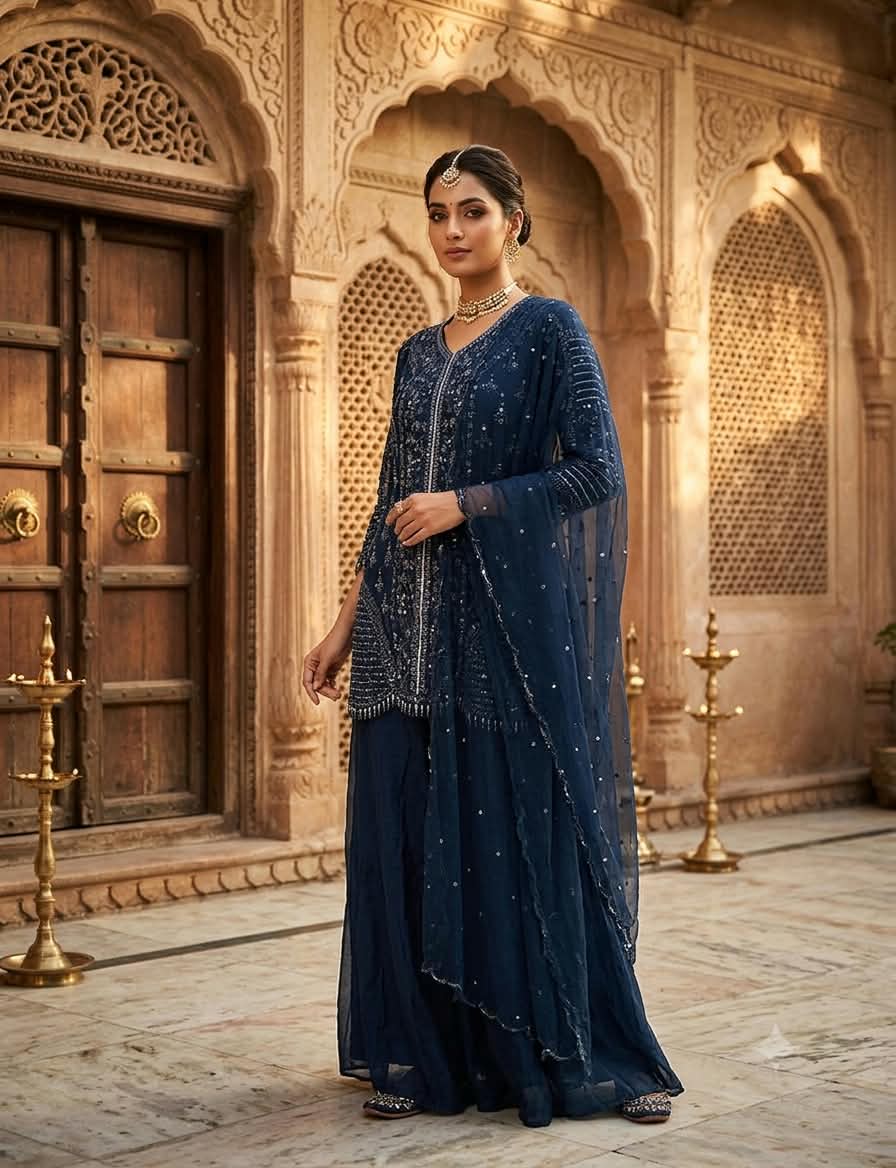 Midnight Navy Blue Sequined Palazzo Suit Set