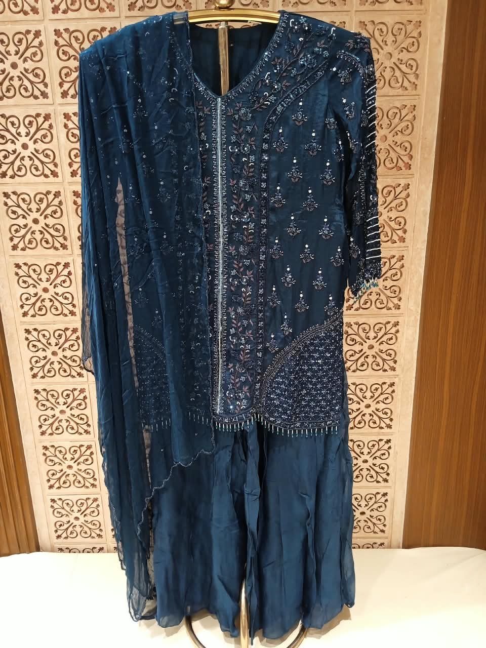 Midnight Navy Blue Sequined Palazzo Suit Set