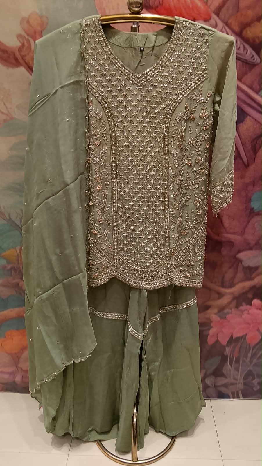 Sage Green Gharara Embellished Set Perfect for weddings, mehendi ceremonies, Eid, and festive partie.