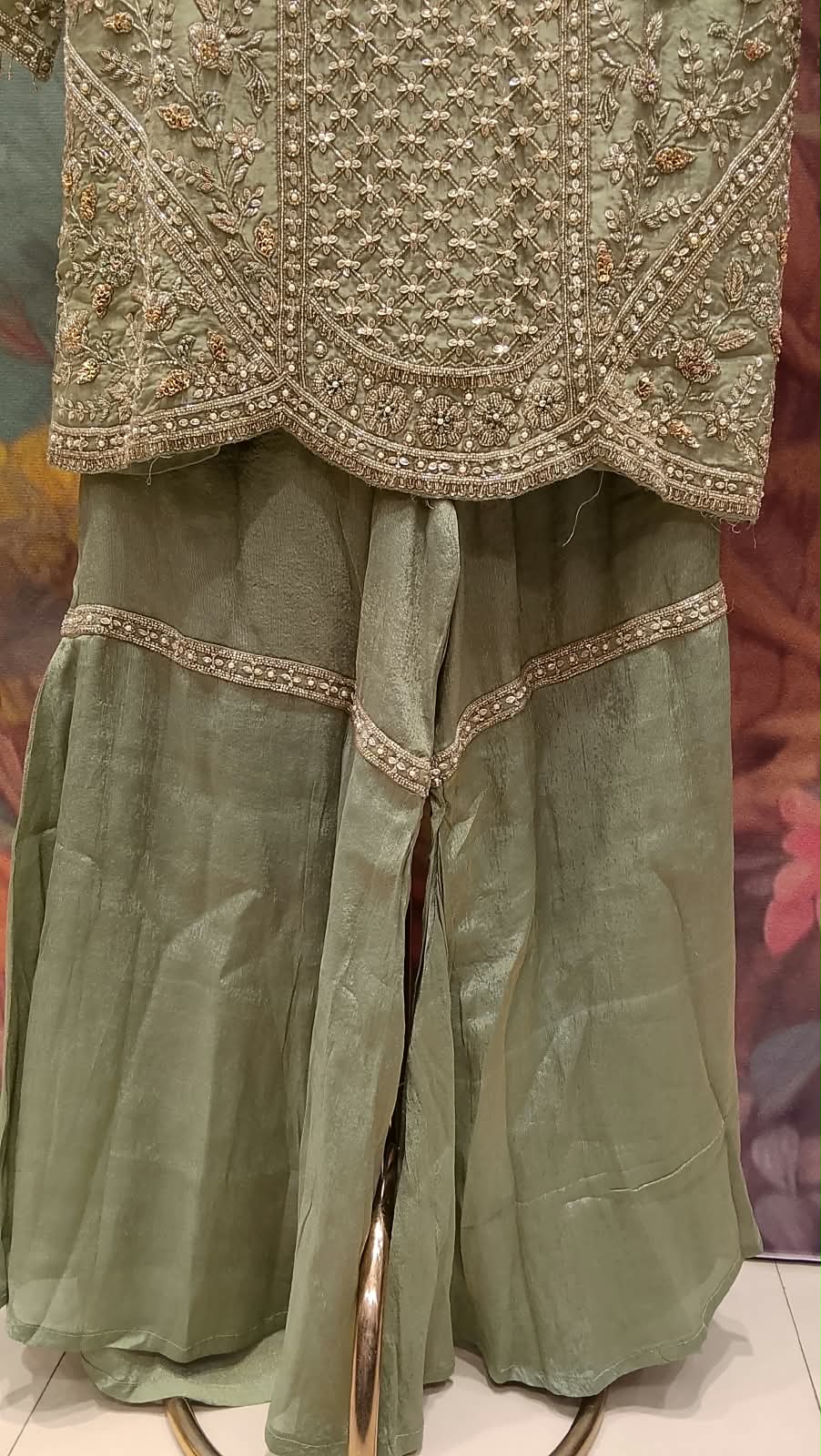 Sage Green Gharara Embellished Set Perfect for weddings, mehendi ceremonies, Eid, and festive partie.
