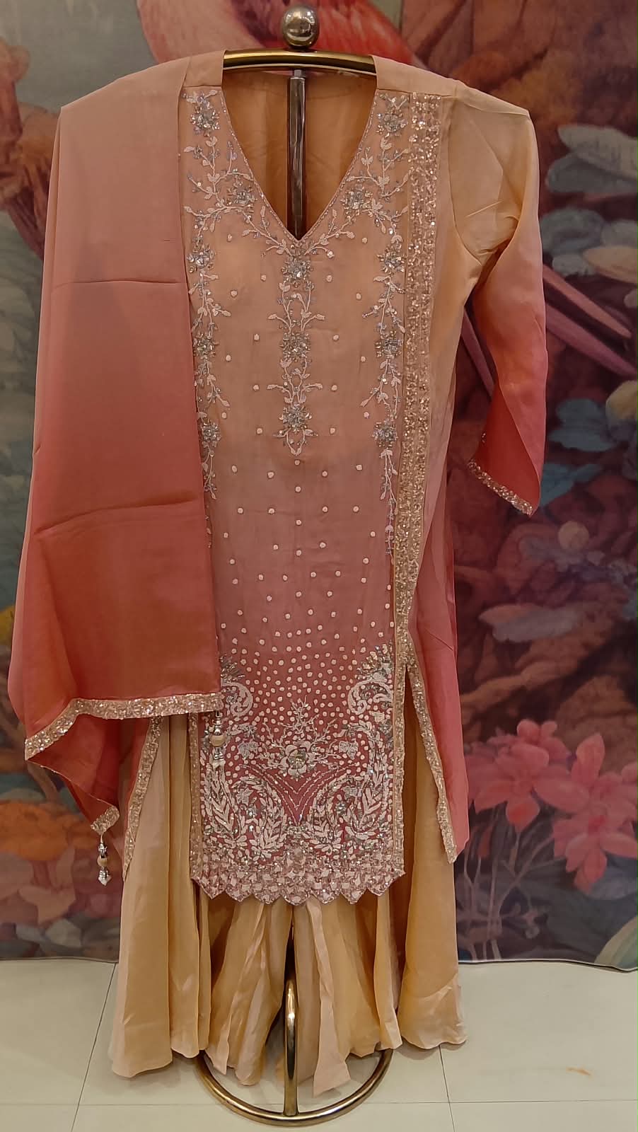 Peach & Coral Ombré Palazzo Set. Haldi and Mehendi functions Sangeet nights and reception parties Festive celebrations like Diwali and Eid
