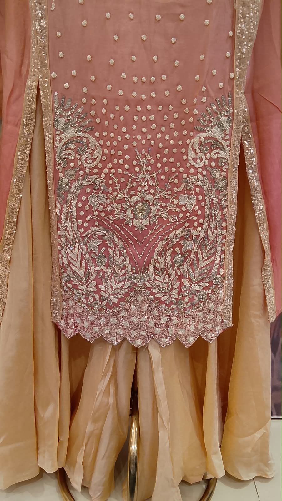 Peach & Coral Ombré Palazzo Set. Haldi and Mehendi functions Sangeet nights and reception parties Festive celebrations like Diwali and Eid