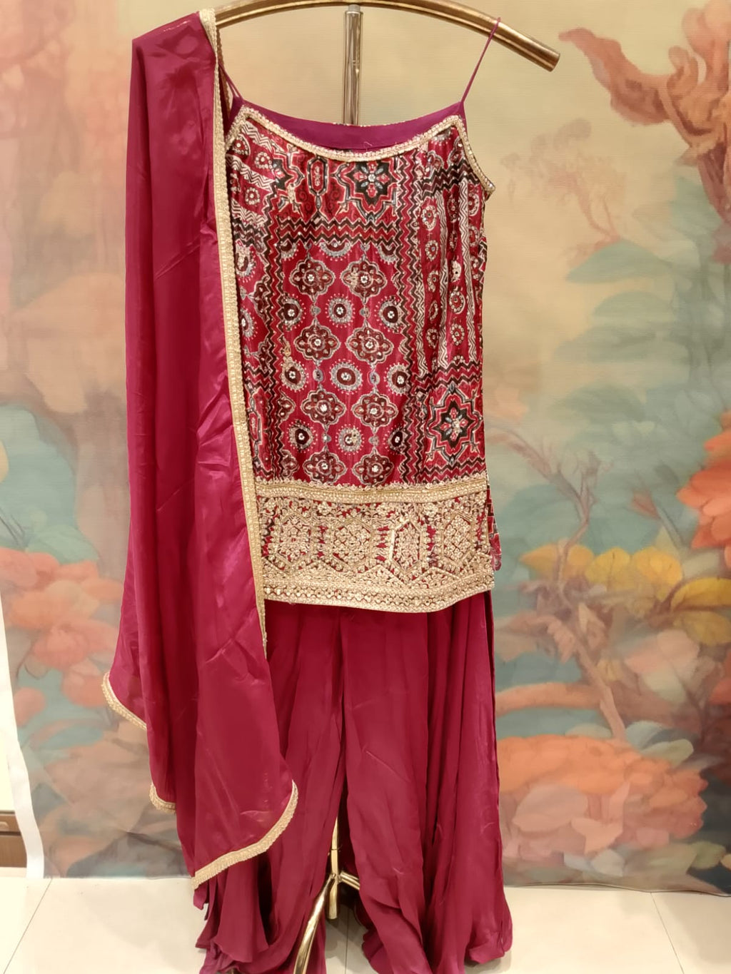 Deep Wine Geometrical Printed & Embroidered Palazzo Set.