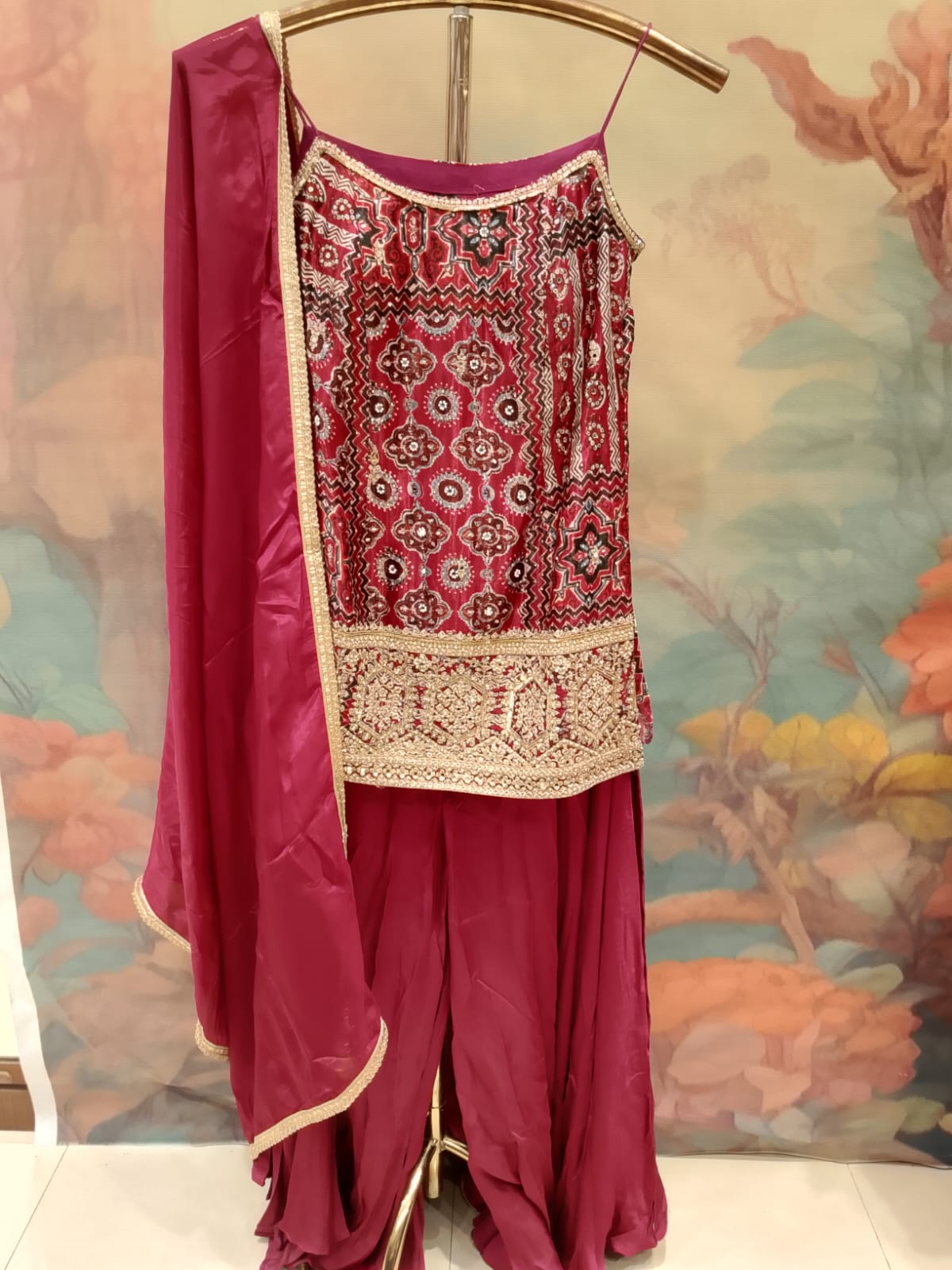 Deep Wine Geometrical Printed & Embroidered Palazzo Set.