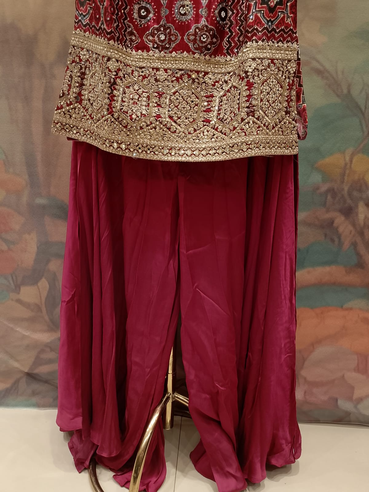 Deep Wine Geometrical Printed & Embroidered Palazzo Set.