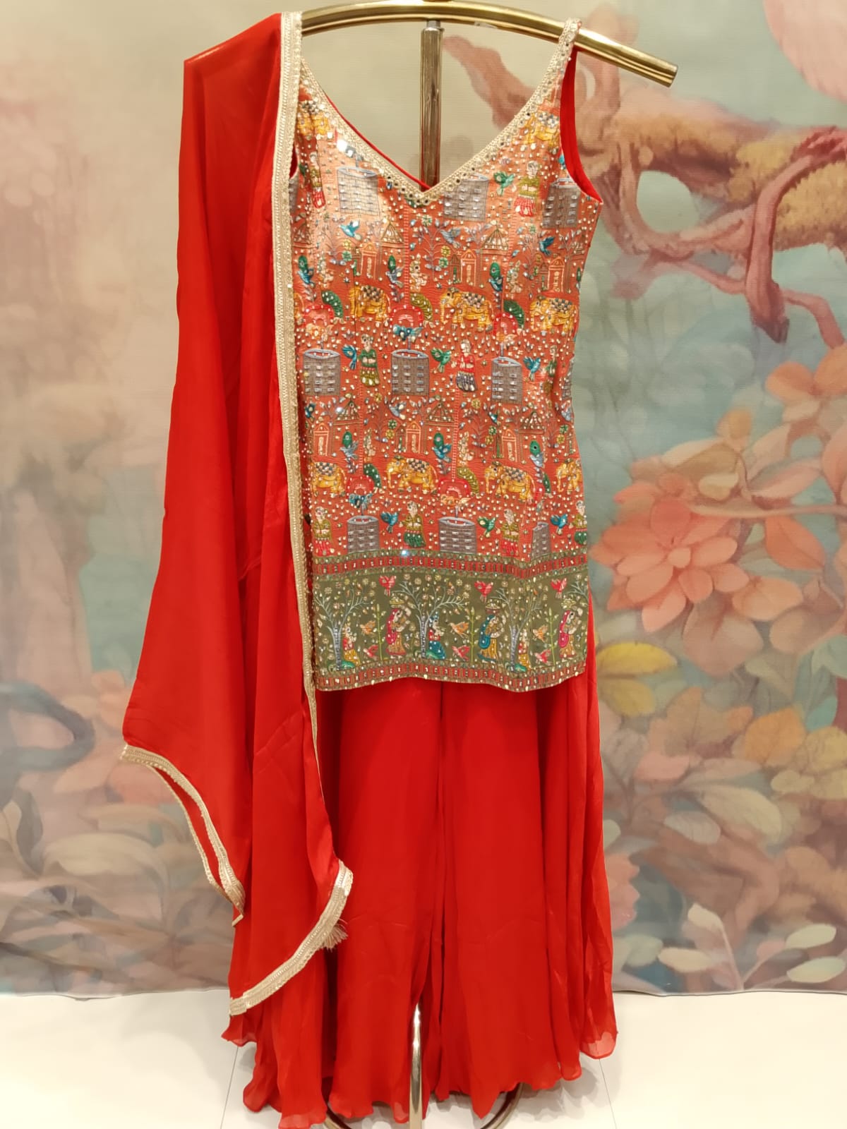 Crimson Red Pichwai Heritage Printed Palazzo Set.