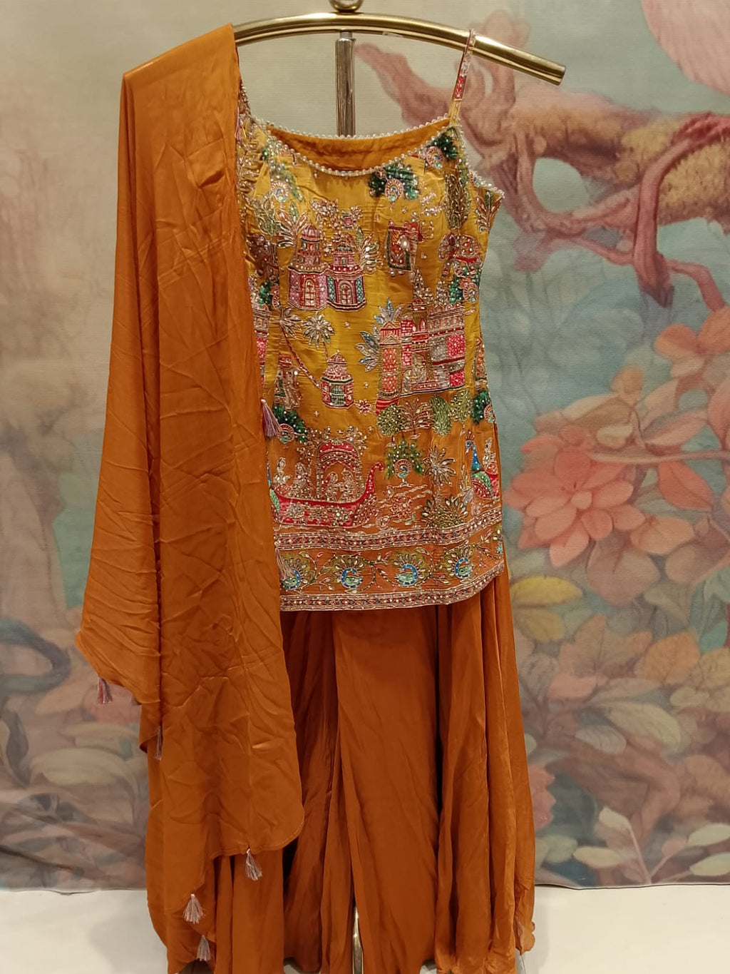 Rust Yellow & Rust Heritage Printed With Zari Work Palazzo Set.