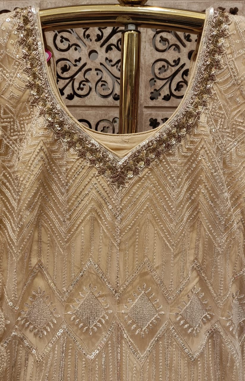 Regal Beige-Gold Sequinned Net Anarkali Gown Set.