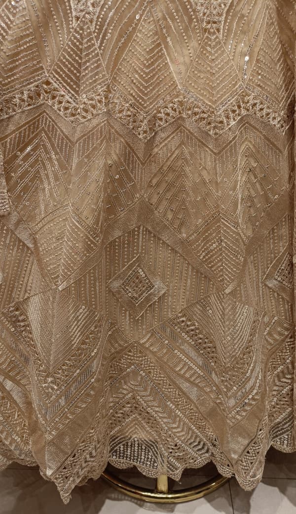 Regal Beige-Gold Sequinned Net Anarkali Gown Set.