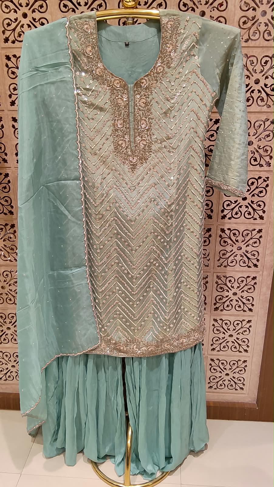 Serene Mint-Green Sequinned Georgette Palazzo Suit Set.