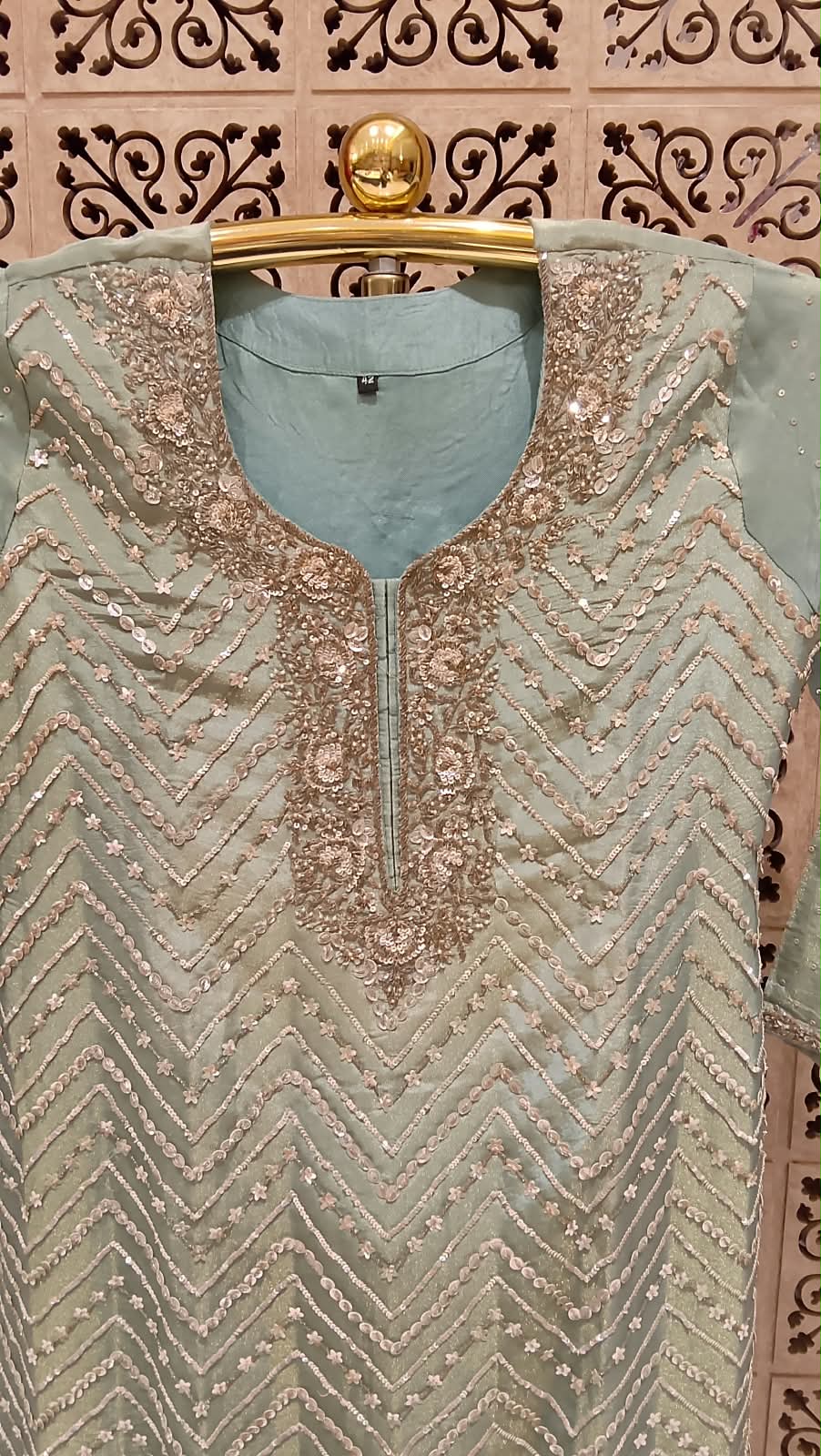 Serene Mint-Green Sequinned Georgette Palazzo Suit Set.