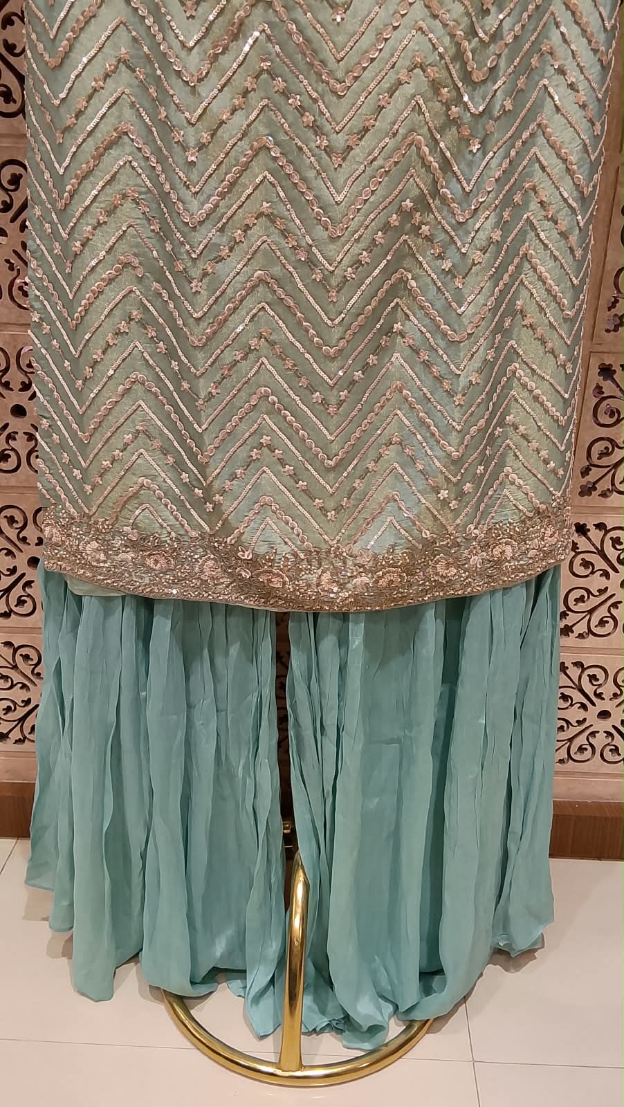 Serene Mint-Green Sequinned Georgette Palazzo Suit Set.