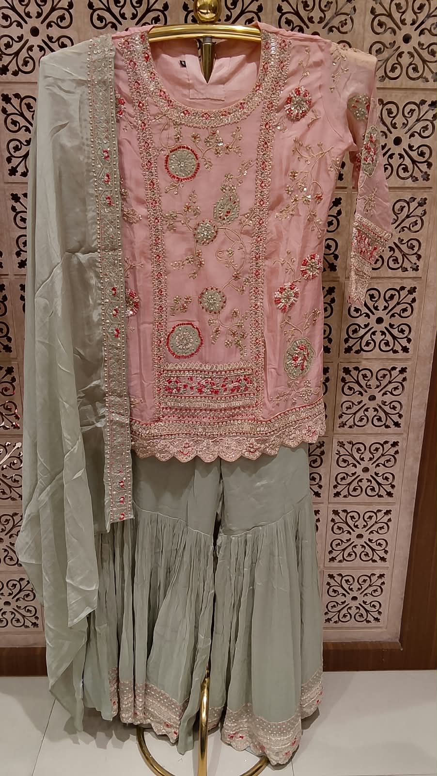 Charming Pastel Pink & Sage Green  Hand Embroidered Gharara Suit Set Plus Size