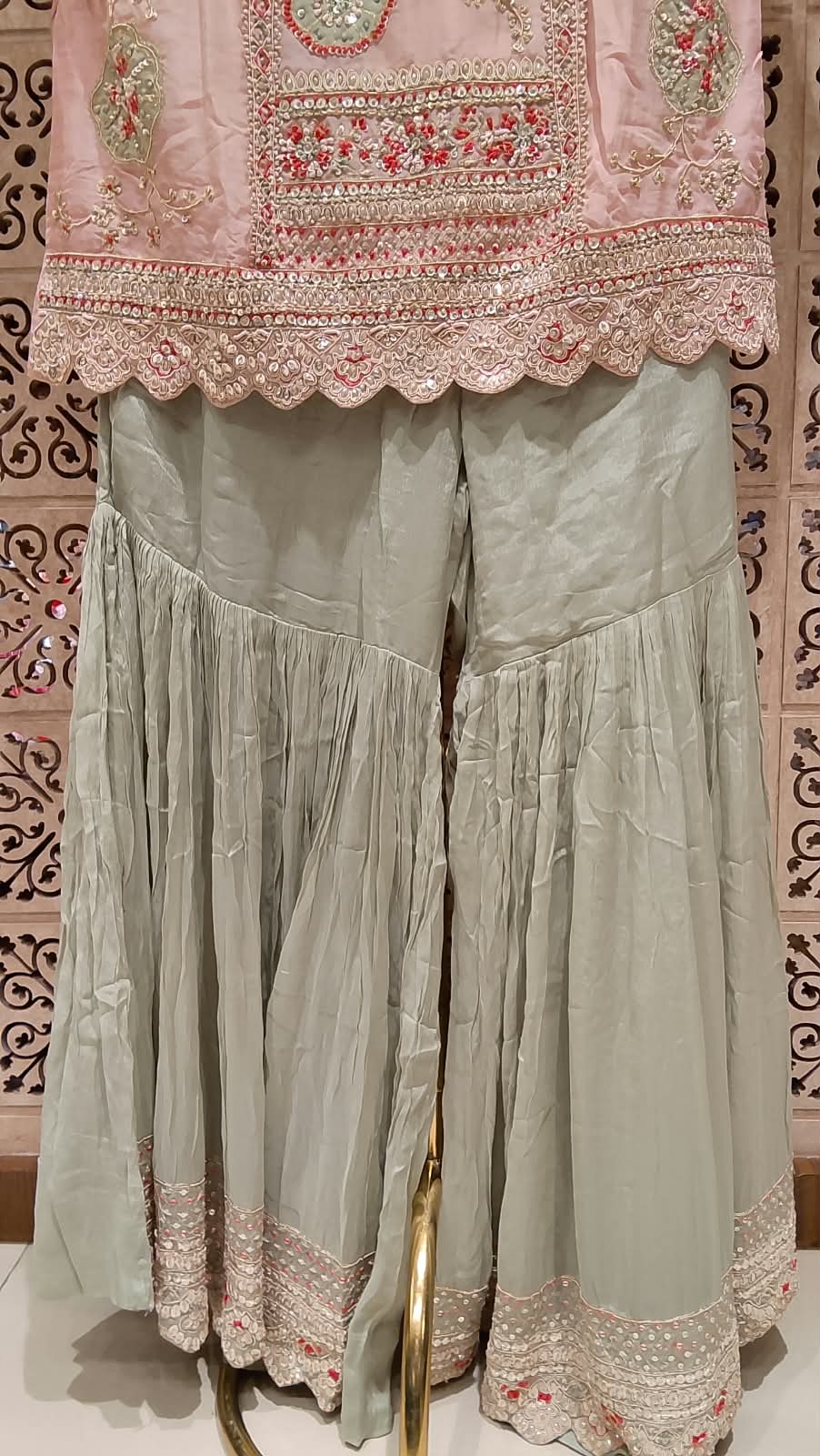 Charming Pastel Pink & Sage Green  Hand Embroidered Gharara Suit Set Plus Size