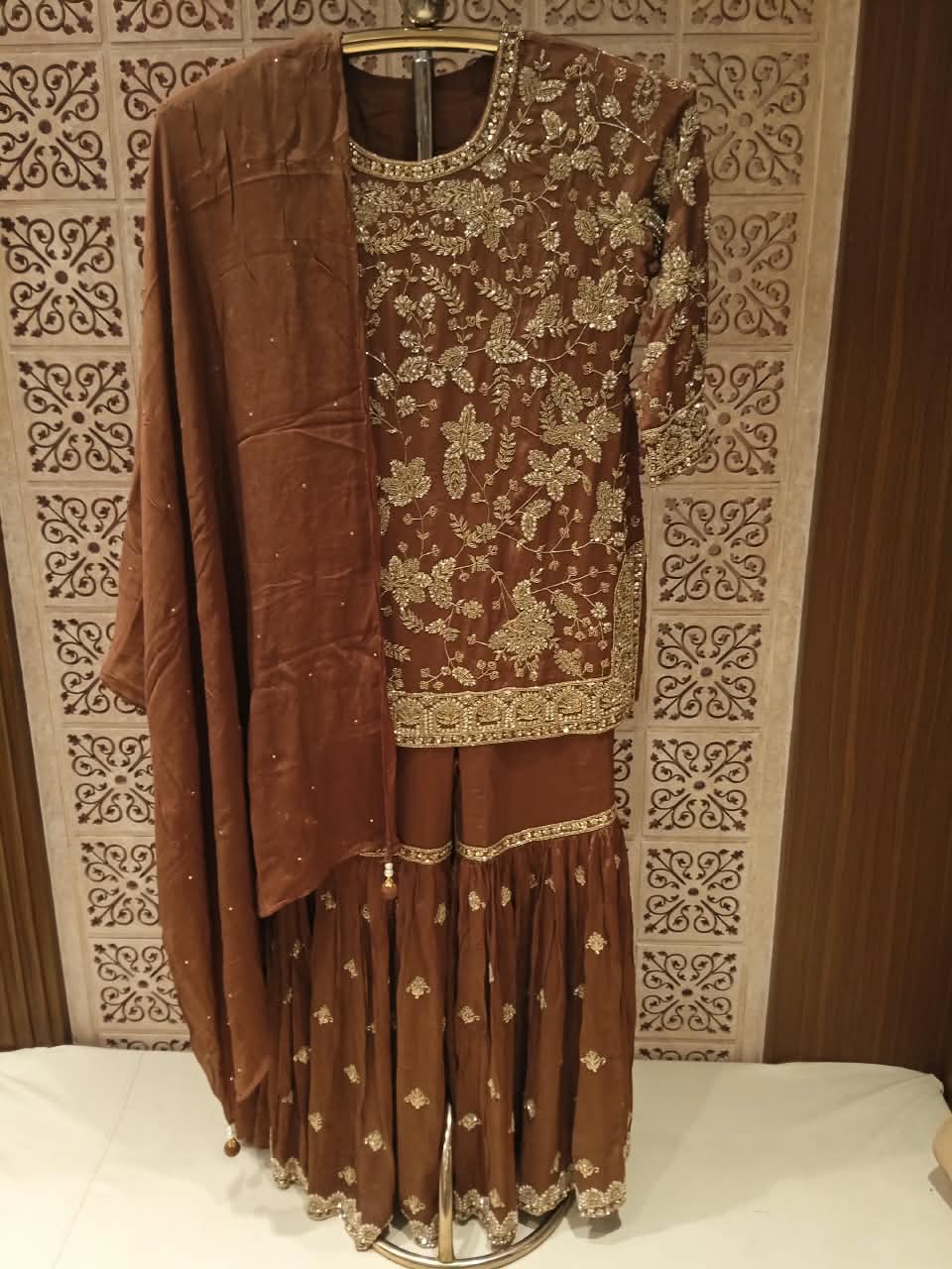 Regal Chestnut Brown  Hand Embroidered Gharara Suit Set.