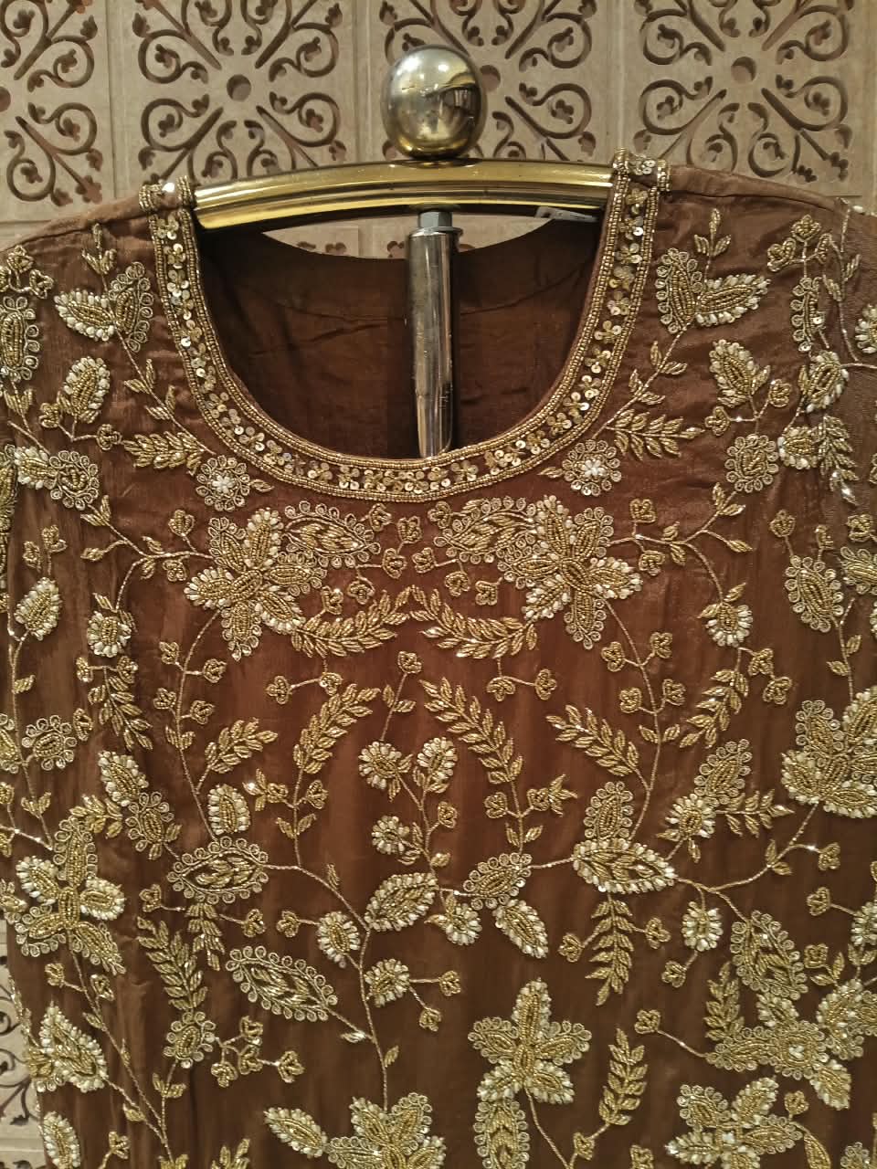 Regal Chestnut Brown  Hand Embroidered Gharara Suit Set.
