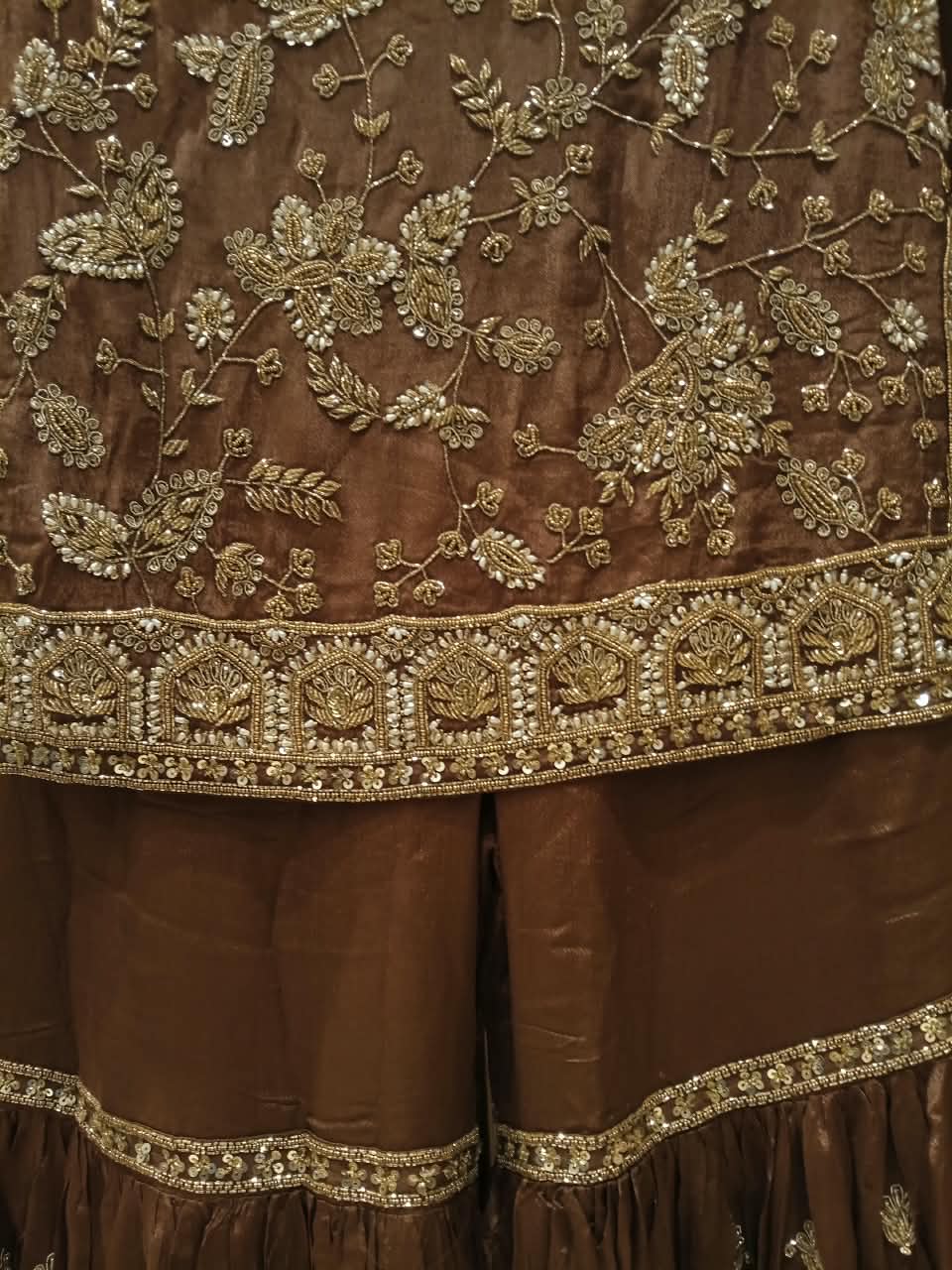 Regal Chestnut Brown  Hand Embroidered Gharara Suit Set.
