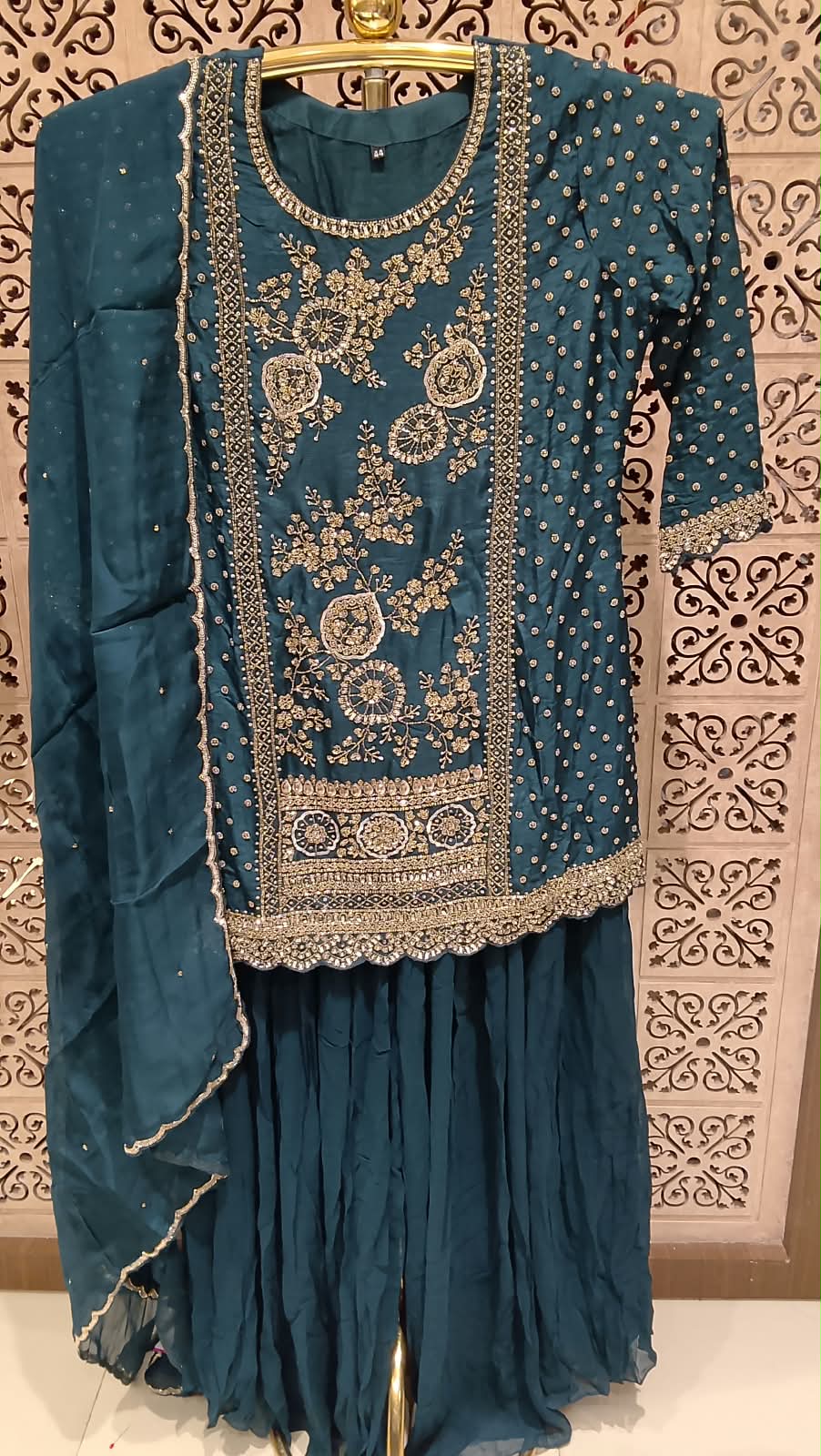 Teal Blue Hand Embroidered Gharara Suit Set.