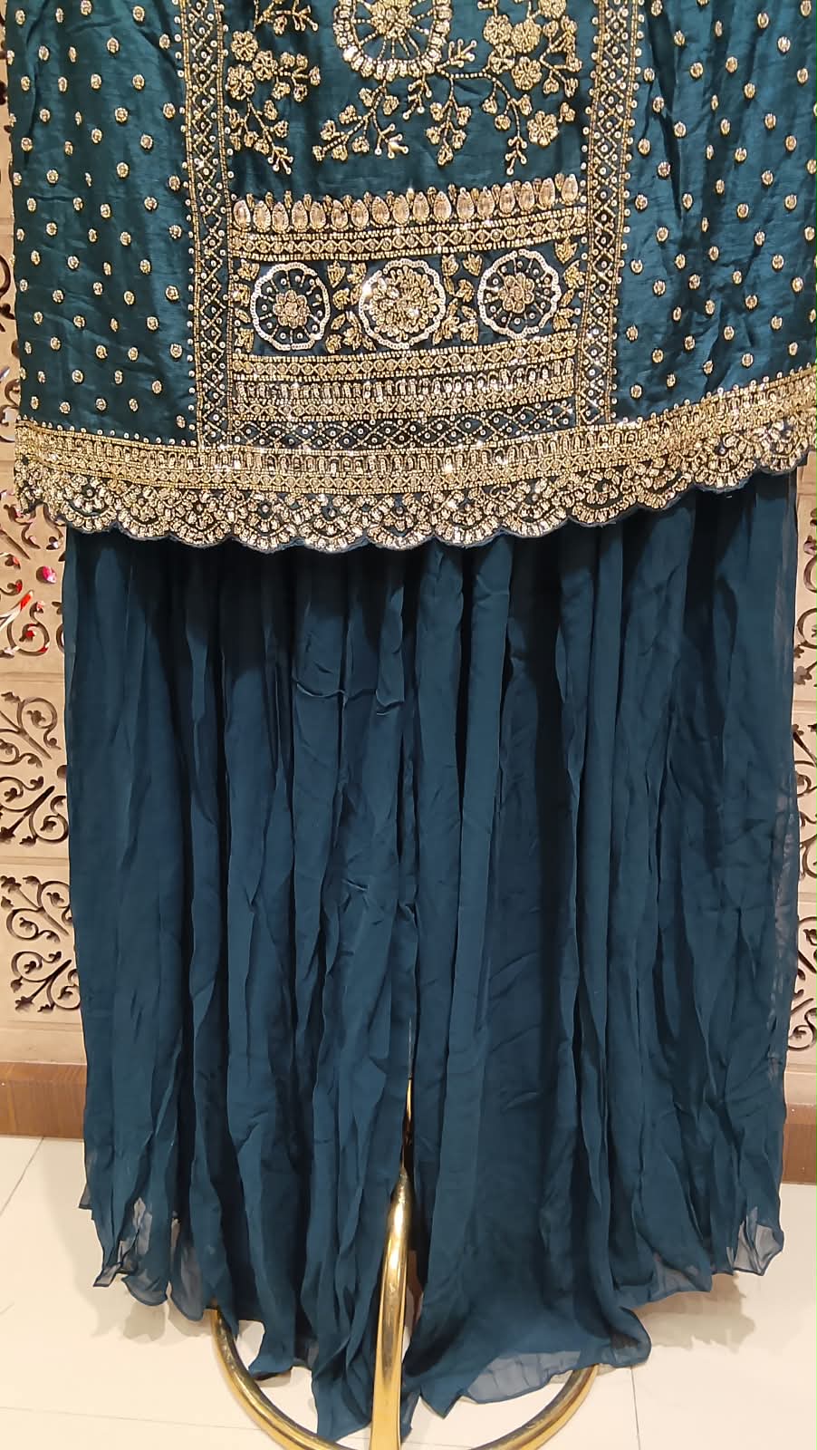 Teal Blue Hand Embroidered Gharara Suit Set.