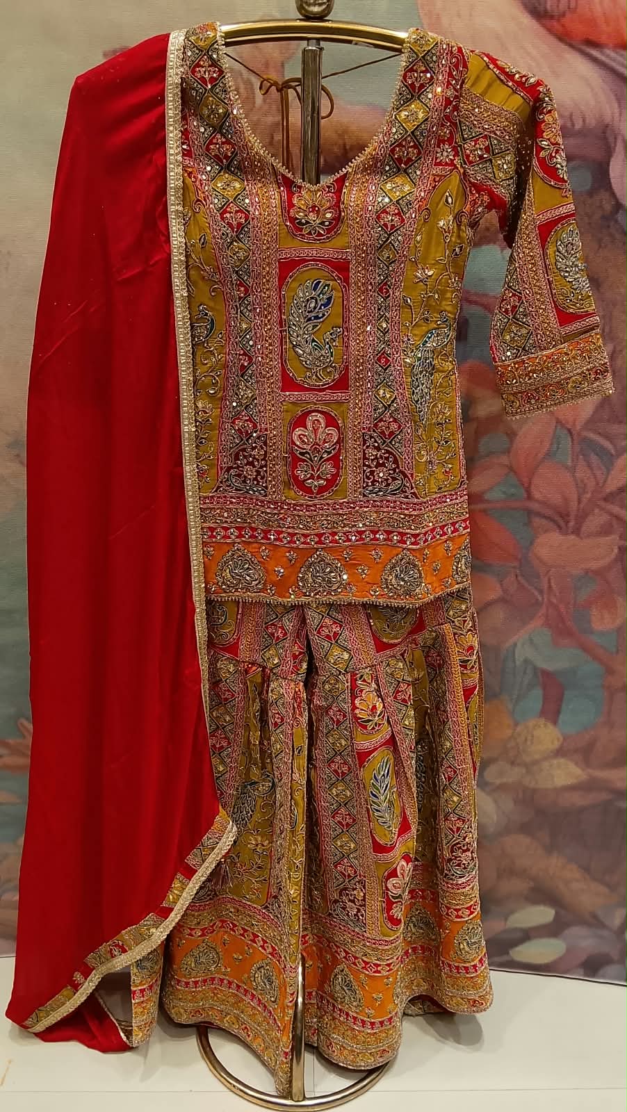 Olive & Ochre Heritage Embroidered Gharara Set.