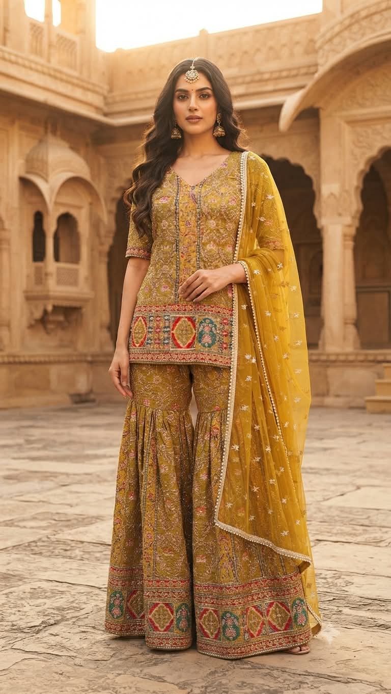 Ochre & Olive Heritage Mughal Embroidered-Gharara Set.