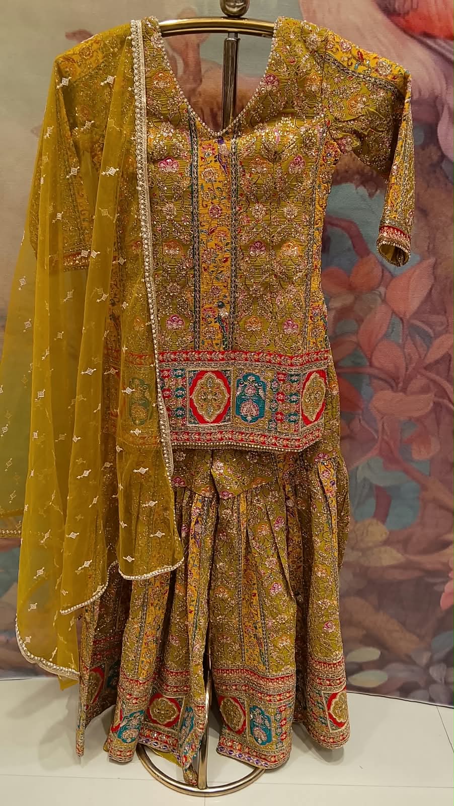 Ochre & Olive Heritage Mughal Embroidered-Gharara Set.