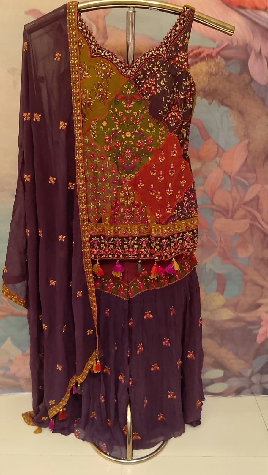 Dark wine & Patchwork Heritage Printed Gharara Set