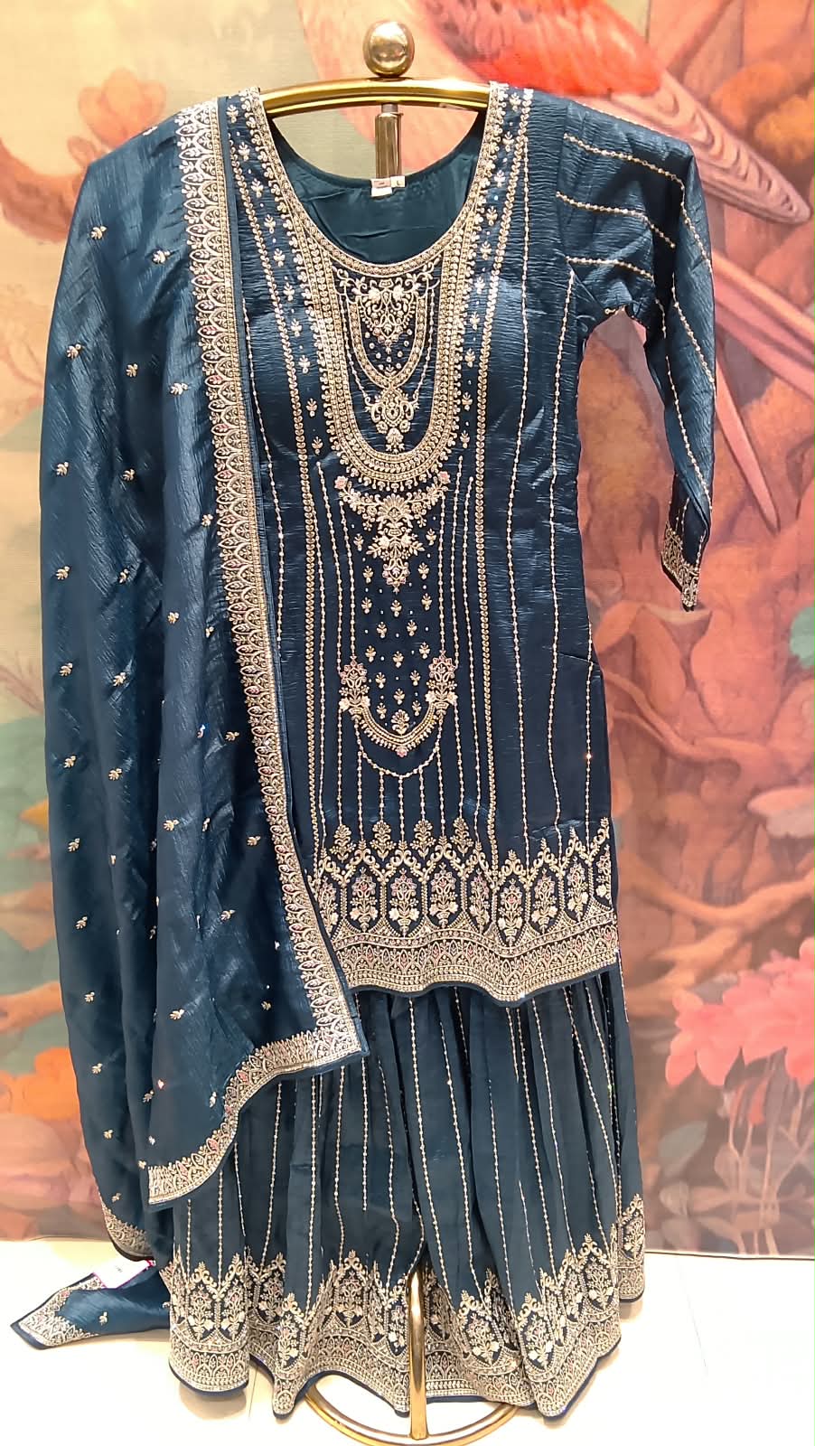 Elegant Navy Blue Embroidered Crush Organza Gharara Suit.