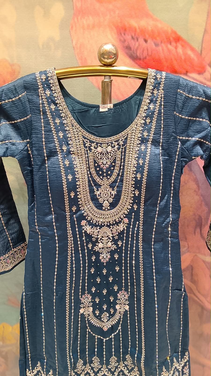 Elegant Navy Blue Embroidered Crush Organza Gharara Suit.