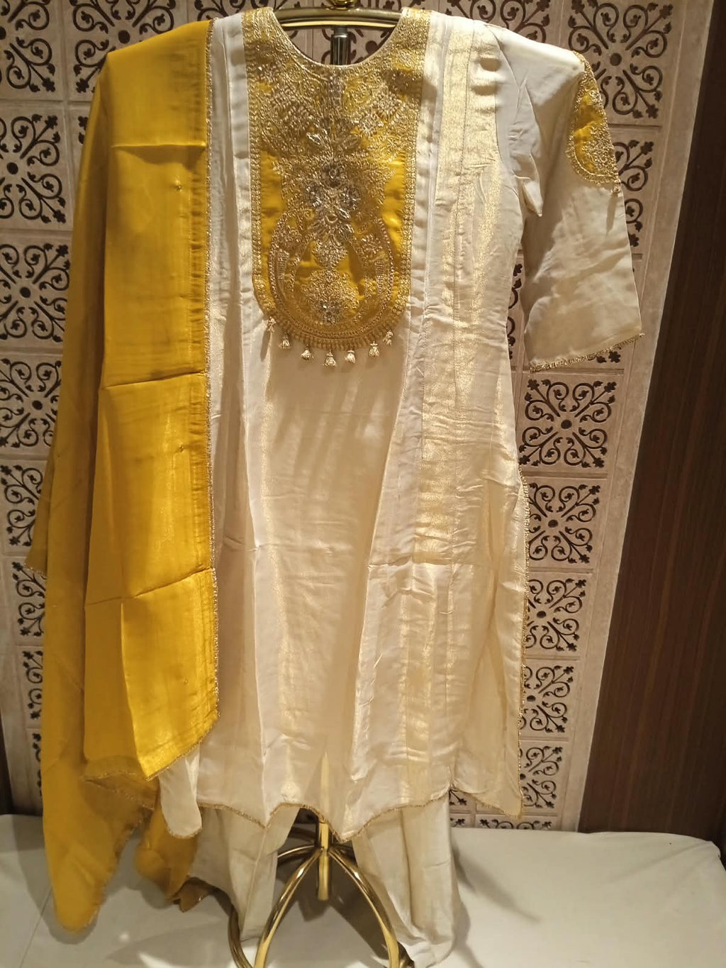 Graceful Off-White & Mustard Yellow Silk Palazzo Suit.
